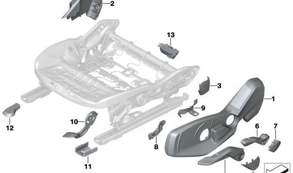 Cubierta regulación altura asiento derecha OEM 52105A44AA6 para BMW F70, U06, U11, U12, U10, F65, F66, U25. Original BMW.