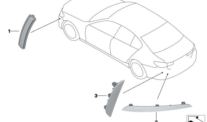 Riflettore posteriore sinistro OEM 63149463763 per BMW G30, G31, G38. BMW originale.