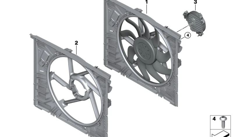 Fan housing with fan for BMW G42, G87, G20, G21, G80, G81, G22, G26, G82, G83, I20 (OEM 17428666819). Original BMW