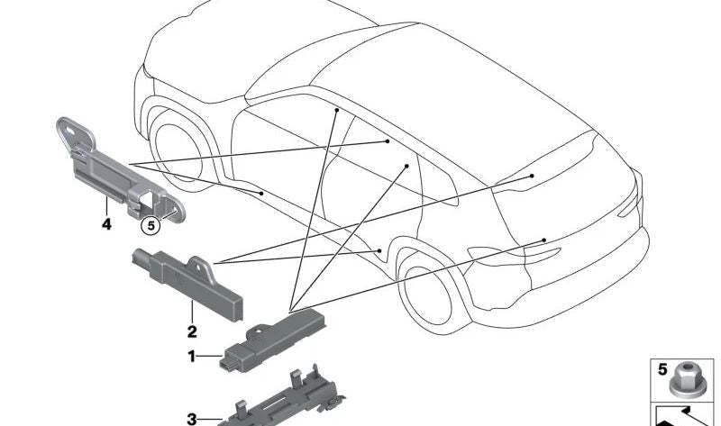 Soporte Antena Acceso Confort para BMW Serie 2 F46, F46N, Serie 7 G70, i I20, X3 F97, G01, G08, X4 F98, G02, X5 F15, F95, G05, X6 F16, F96, G06, X7 G07, XM G09, MINI F55, F56 (OEM 65209265295). Original BMW