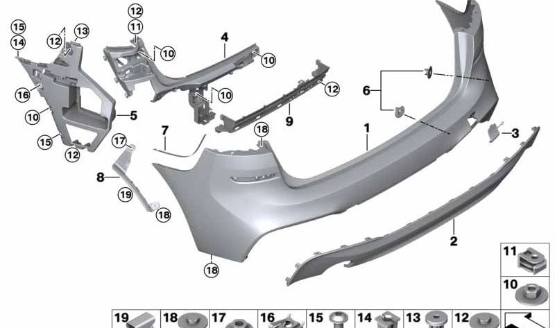 Paragolpes trasero imprimado OEM 51128067062 para BMW Serie 2 Gran Tourer F46. Original BMW.