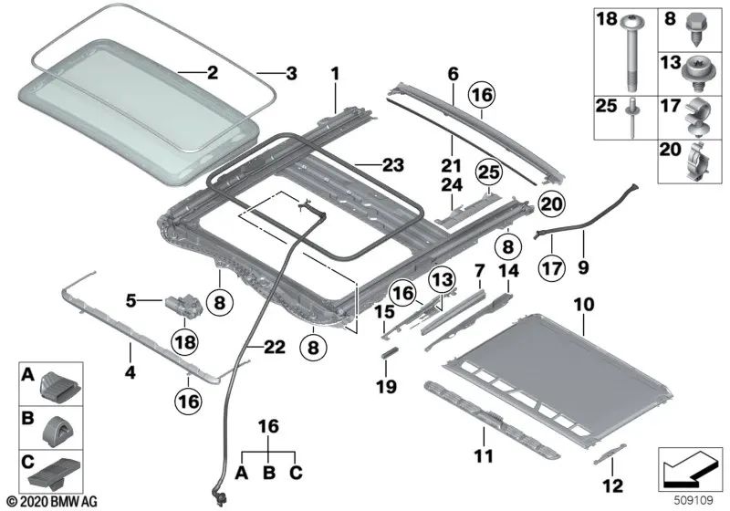 Junta de canaleta de agua para BMW Serie 1 F20, F21 Serie 2 F22, F87 Serie 3 F30, F35 Serie 4 F32, F36 X4 F26 (OEM 54107313920). Original BMW.