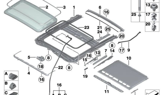 Calha de água para teto solar OEM 54107266213 para BMW F32, F36, F82, F83. BMW originais.