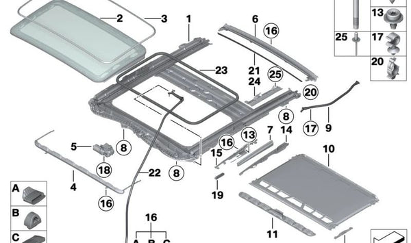 Canaleta de agua techo solar OEM 54107266213 para BMW F32, F36, F82, F83. Original BMW.