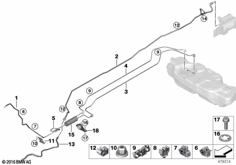 Conducto de Alimentación de Combustible Delantero para BMW Serie 2 F45, F46, X1 F48, F49 (OEM 16127323836). Original BMW