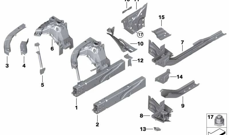 Refuerzo del marco lateral izquierdo para BMW Serie 3 G20, G21, G80, G81, Serie 4 G26 (OEM 41009854731). Original BMW