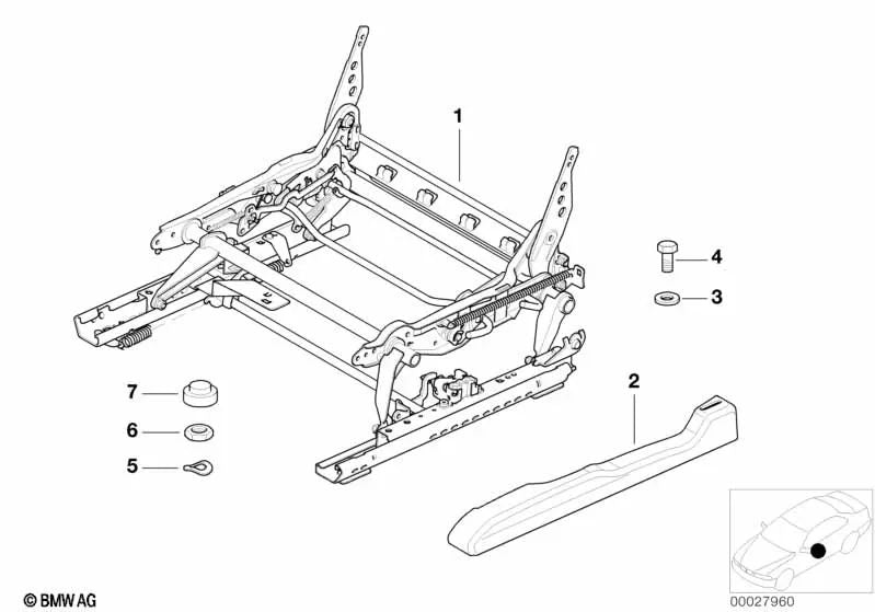 Cubierta del riel del asiento izquierdo para BMW Serie 3 E46 (OEM 52108226431). Original BMW.