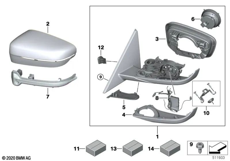 Espejo exterior calefactado con memoria derecho para BMW G22, G23 (OEM 51165A08382). Original BMW