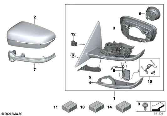 Heated exterior mirror with memory right for BMW G22, G23 (OEM 51165A08382). Original BMW