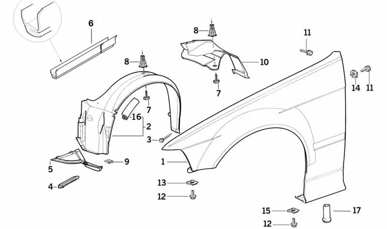 Guardabarros interior OEM 51711977047 para BMW E36. Original BMW.