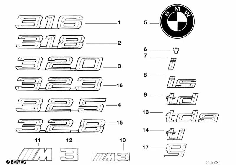 Emblema trasero pegado para BMW Serie 3 E36 (OEM 51148170183). Original BMW