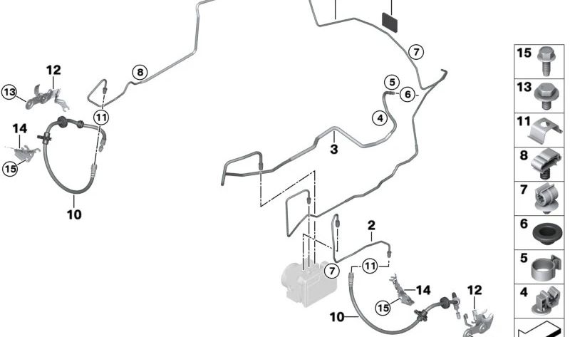 Latiguillo de freno delantero OEM 34106899089 para BMW F20, F21, F22, F23, F30, F31, F32, F33, F34, F36, G20, G21, G22, G23, E46. Original BMW.