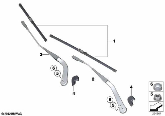 Passenger side windshield wiper arm for BMW E90N, E91N, E92, E92N, E93, E93N (OEM 61619449926). Original BMW.