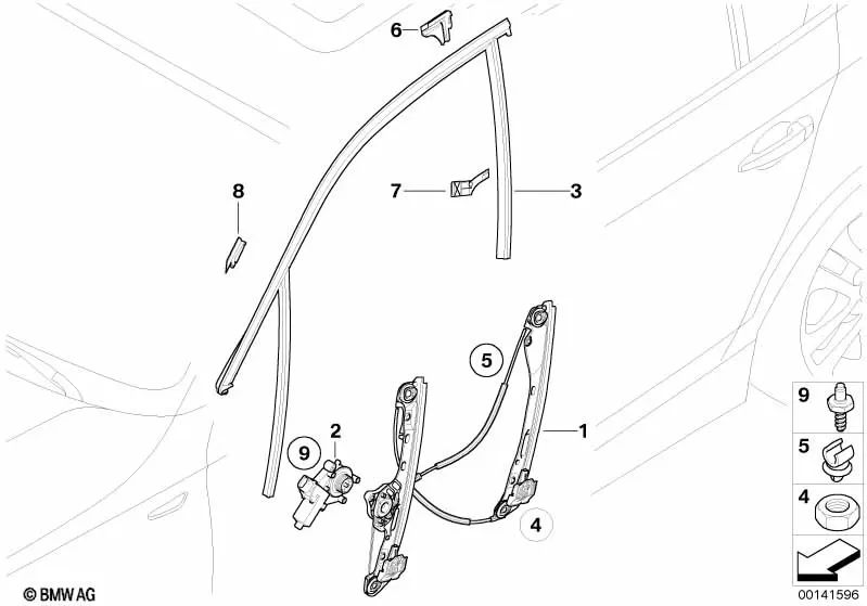 Guía de ventana puerta delantera izquierda para BMW E87, E87N (OEM 51337066613). Original BMW