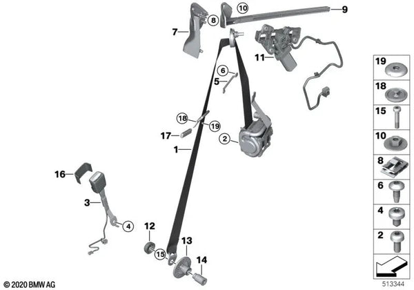 Cinturón de seguridad delantero derecho para BMW Serie 4 G22, G82 (OEM 72119476264). Original BMW.