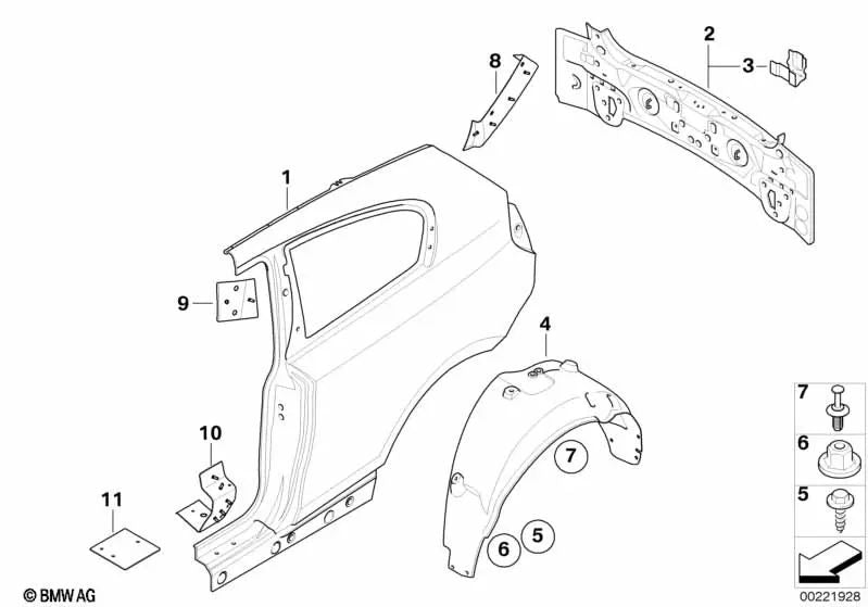 Cubierta del paso de rueda trasero izquierdo para BMW Serie 1 E81, E87N (OEM 51717202637). Original BMW.