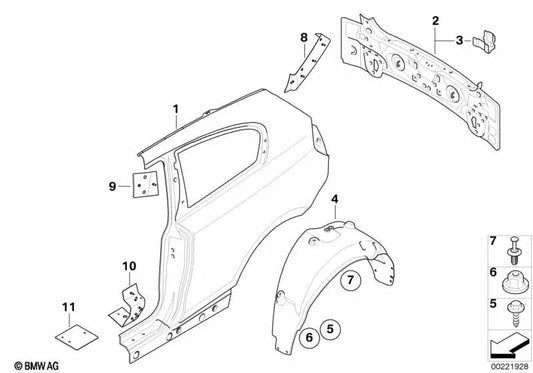 Cubierta del paso de rueda trasero izquierdo para BMW Serie 1 E81, E87N (OEM 51717202637). Original BMW.