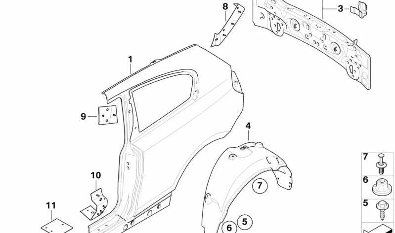 Cubierta interior del paso de rueda trasero derecho OEM 51717202638 para BMW E81, E87. Original BMW.