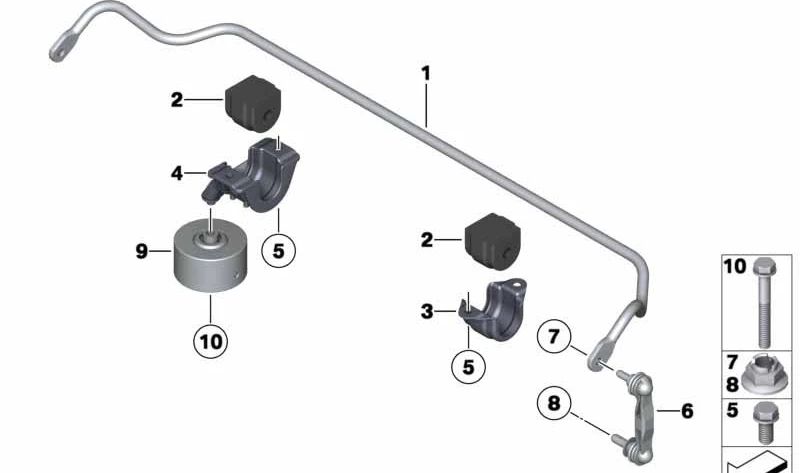 Barra estabilizadora trasera OEM 33556791932 para BMW F10, F11, F12, F13. Original BMW.