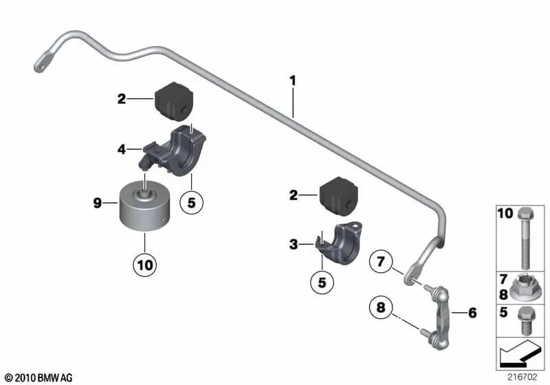 Soporte estabilizador derecho para BMW Serie 5 F07, F10, F11, F18 Serie 6 F06, F12, F13 Serie 7 F01, F02 (OEM 33506869960). Original BMW.