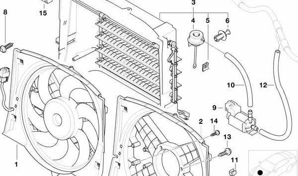 Ventilador completo con carcasa OEM 17117801423 para BMW E46 (Todos los modelos compatibles: Berlina, Coupé, Touring, Compact, Cabrio). Original BMW.