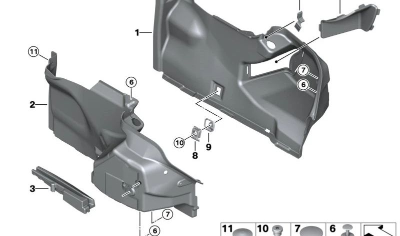 Revestimiento del paso de rueda derecho para BMW F13, F13N (OEM 51477224864). Original BMW