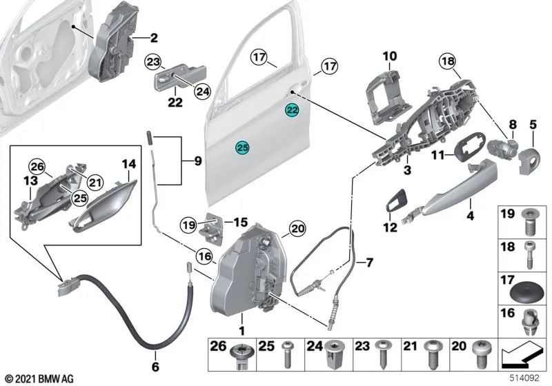 Manilla de la puerta interior derecha para BMW F20, F21, F22, F23, F87 (OEM 51417240412). Original BMW