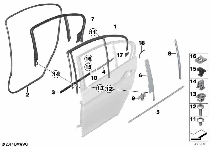 Moldura guía de ventana exterior derecha para BMW F30, F30N, F80, F80N (OEM 51357258302). Original BMW