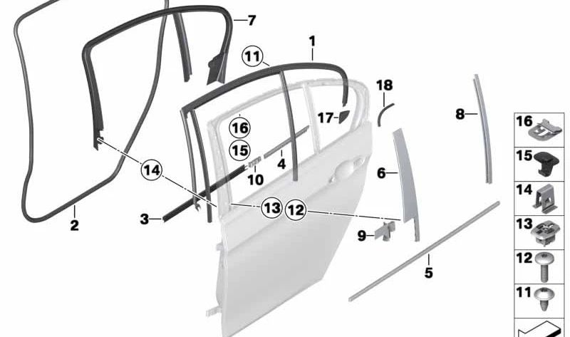 OEM da porta traseira direita selada do interior 51357258298 para BMW F30, F31, F80. BMW original.