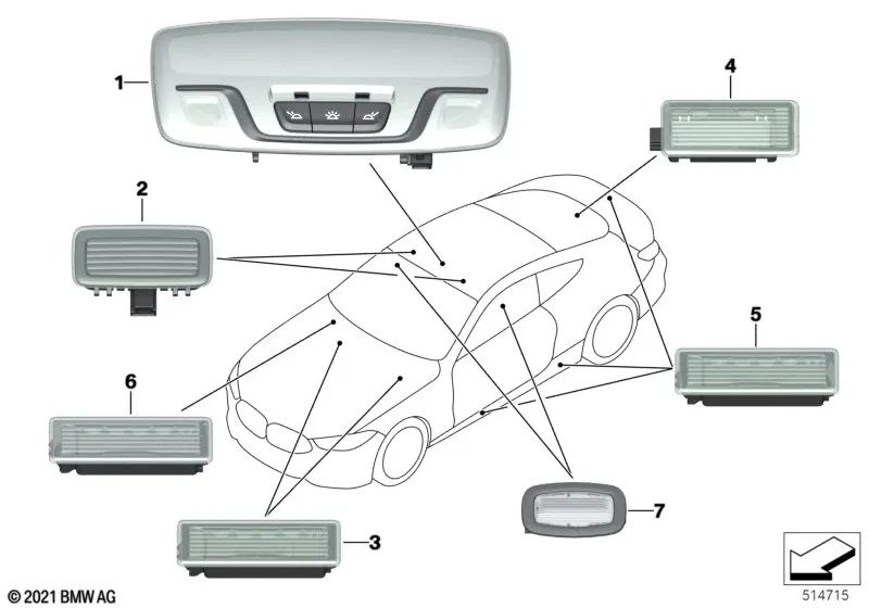 Luz de lectura interior LED centro trasero para BMW Serie 8 F93, G16, X5 F95, F95N, G05, G05N, X6 F96N, G06, G06N (OEM 63317910818). Original BMW.