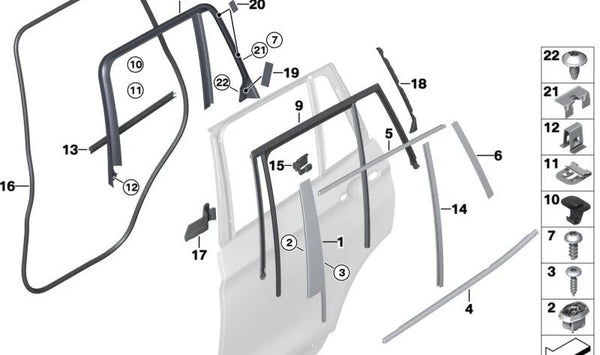 Sellado interno de puerta trasera derecha para BMW F25 (OEM 51227205736). Original BMW