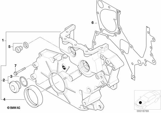 Cubierta inferior de la caja de la cadena para BMW Serie 3 E90, E90N, E91, E91N, E92, E92N, Serie 5 E60, E60N, E61, E61N, Serie 6 E63N, E64N, Serie 7 E65, E66, X3 E83, E83N (OEM 11147805739). Original BMW.