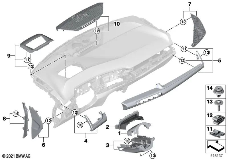 Cubierta I-Tafel Madera Lado del Pasajero para BMW Serie 2 U06, X1 U11 (OEM 51459636247). Original BMW