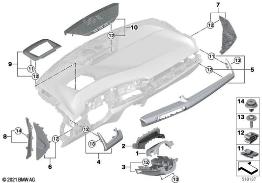 Panel I-Tafel Aluminio Hexágono Copiloto para BMW Serie 2 U06, X1 U11 (OEM 51459638717). Original BMW.