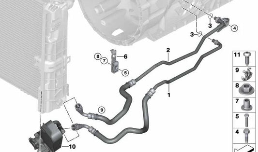 Tubería de refrigeración de aceite OEM 17227566026 para BMW E81, E82, E87. Original BMW.