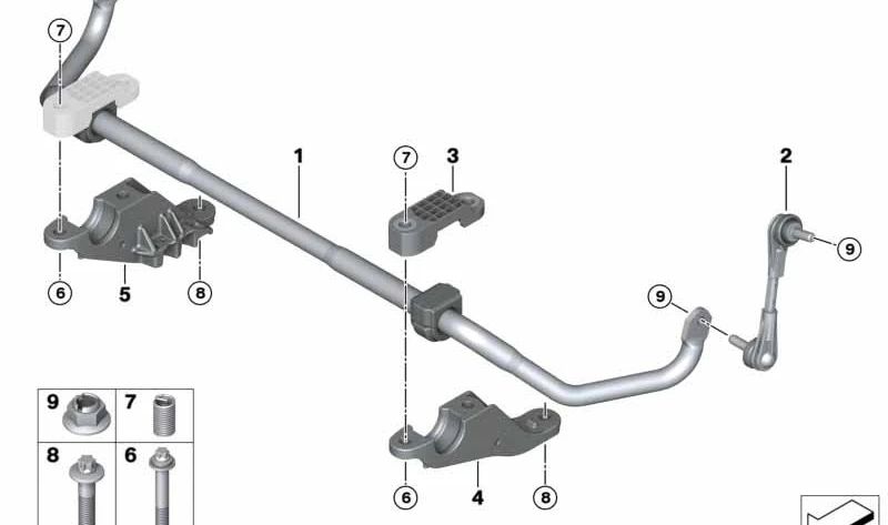 Barra estabilizadora delantera con soportes OEM 31358074129 para BMW F90, F91, F93. Original BMW.