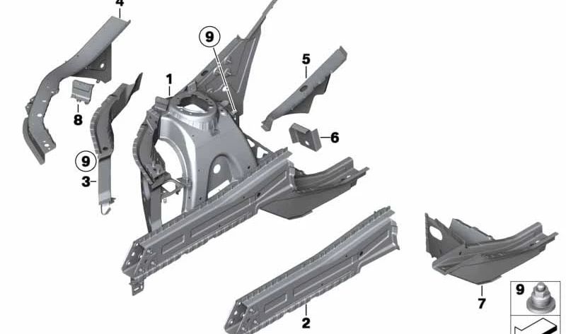 Soporte interior de paso de rueda izquierdo para BMW X3 F25, X4 F26 (OEM 41107267025). Original BMW