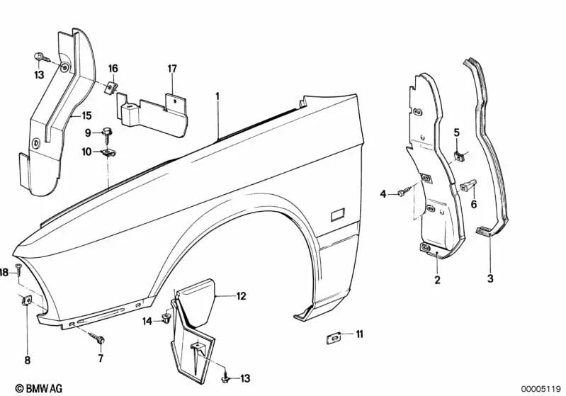 Cubierta del paso de rueda delantera izquierda para BMW E28 Serie 5 (OEM 51711925977). Original BMW