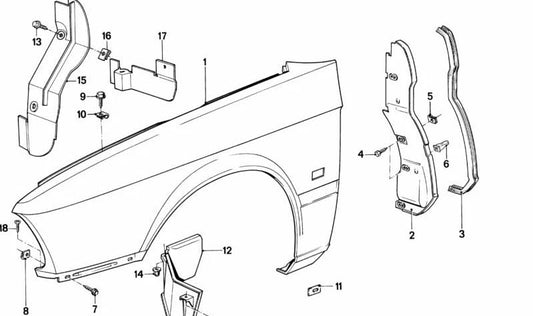 Revestimiento del paso de rueda delantero derecho OEM 51711927490 para BMW E28. Original BMW.