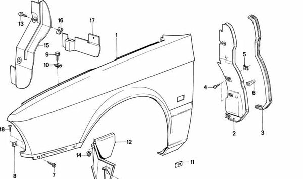 Revestimiento del paso de rueda delantero derecho OEM 51711927490 para BMW E28. Original BMW.