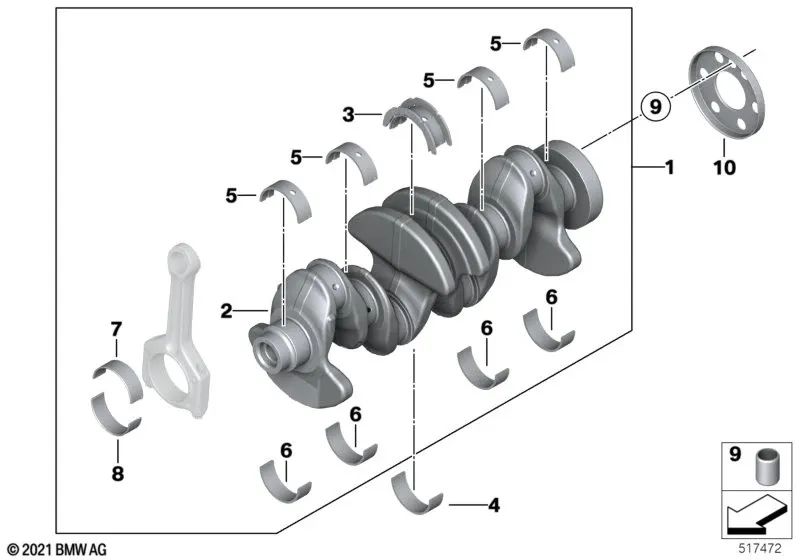 Cigüeñal sin cojinetes para BMW Serie 1 F20, F21, Serie 2 F22, F23, Serie 3 F30, F31, F34, F35, Serie 4 F32, F33, F36, Serie 5 F07N, F10, F11, F18, X1 E84, X3 F25, X4 F26, X5 F15, X6 F16, Z4 E89 (OEM 11217640165). Original BMW