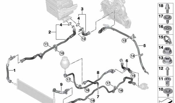 Tubo de retorno de la bomba de agua eléctrica para BMW Serie 5 G30N, G31N, Serie 6 G32N, Serie 7 G11N, G12N, Serie 8 G14, G15, G16 (OEM 17128597279). Original BMW