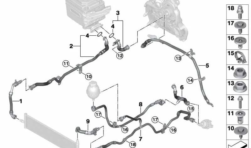 Tubo de refrigerante delantero OEM 17128472250 para BMW G30, G31, G32, G11, G12, G14, G15, G16. Original BMW.