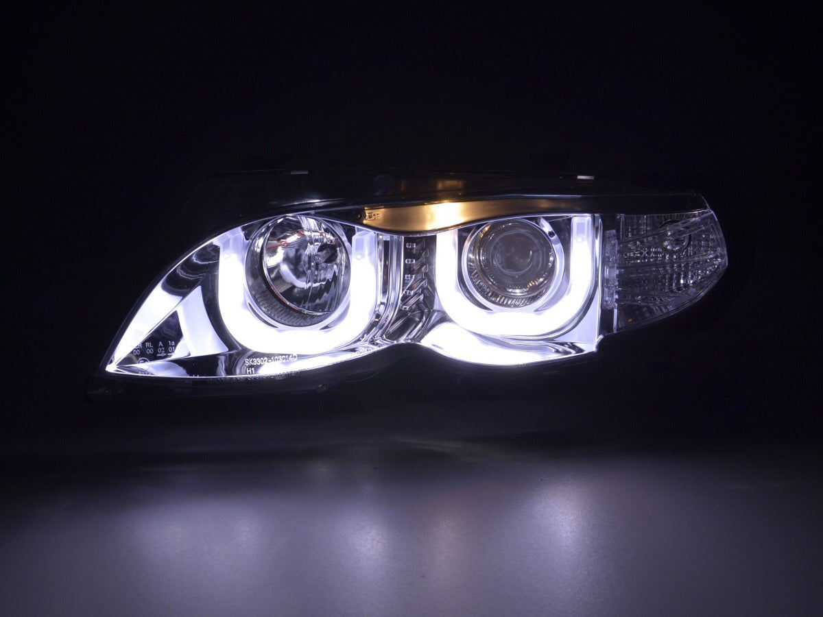 Angel Eyes Headlights for BMW 3 Series E46 Saloon/Touring 02-05 Chrome Right Hand Drive