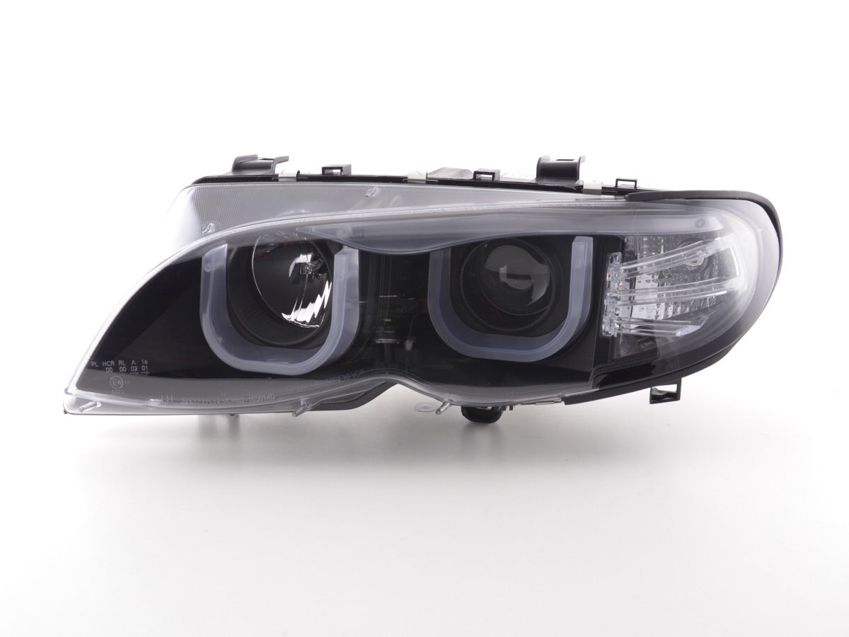 Angel Eye Headlights BMW 3 Series E46 Sedan / Touring 02-05 in black for right-hand drive vehicles