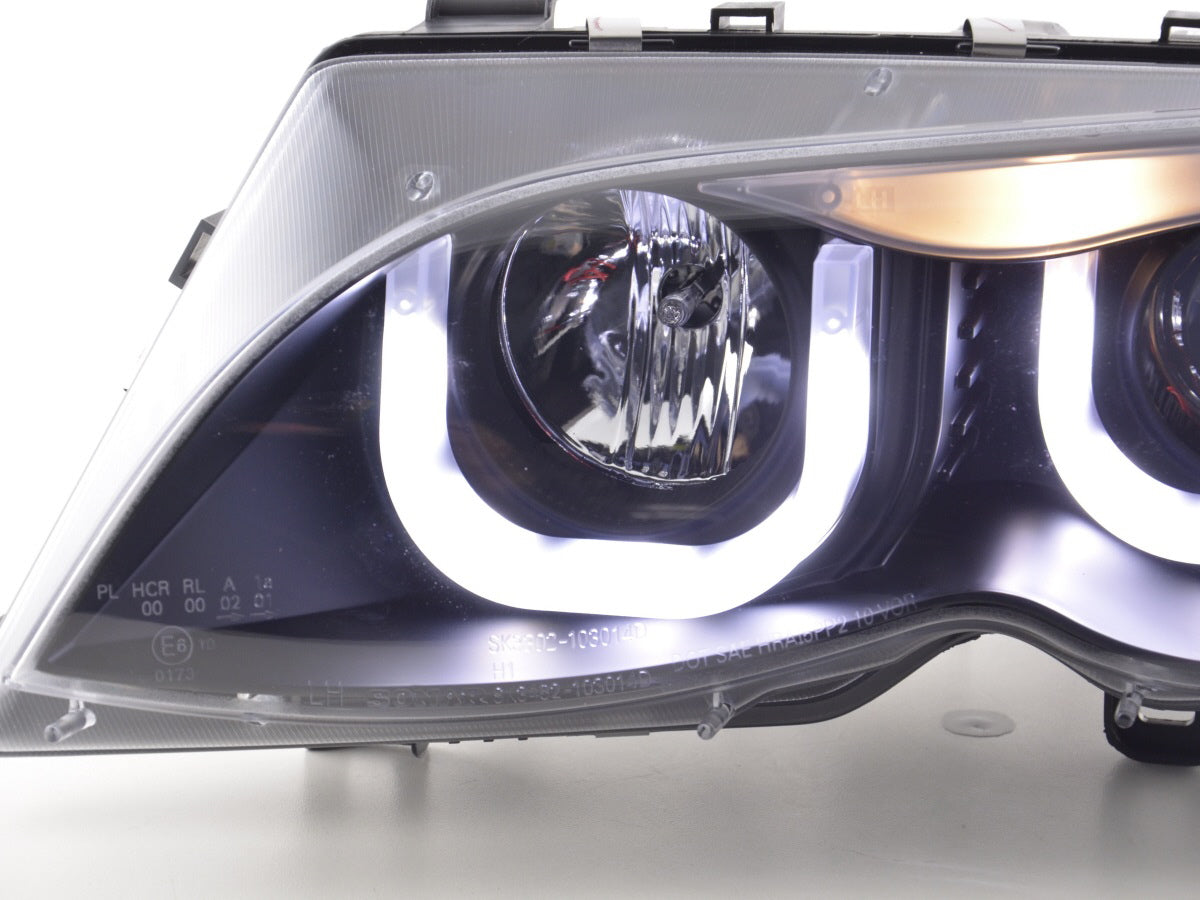 Angel Eye Headlights BMW 3 Series E46 Sedan / Touring 02-05 in black for right-hand drive vehicles