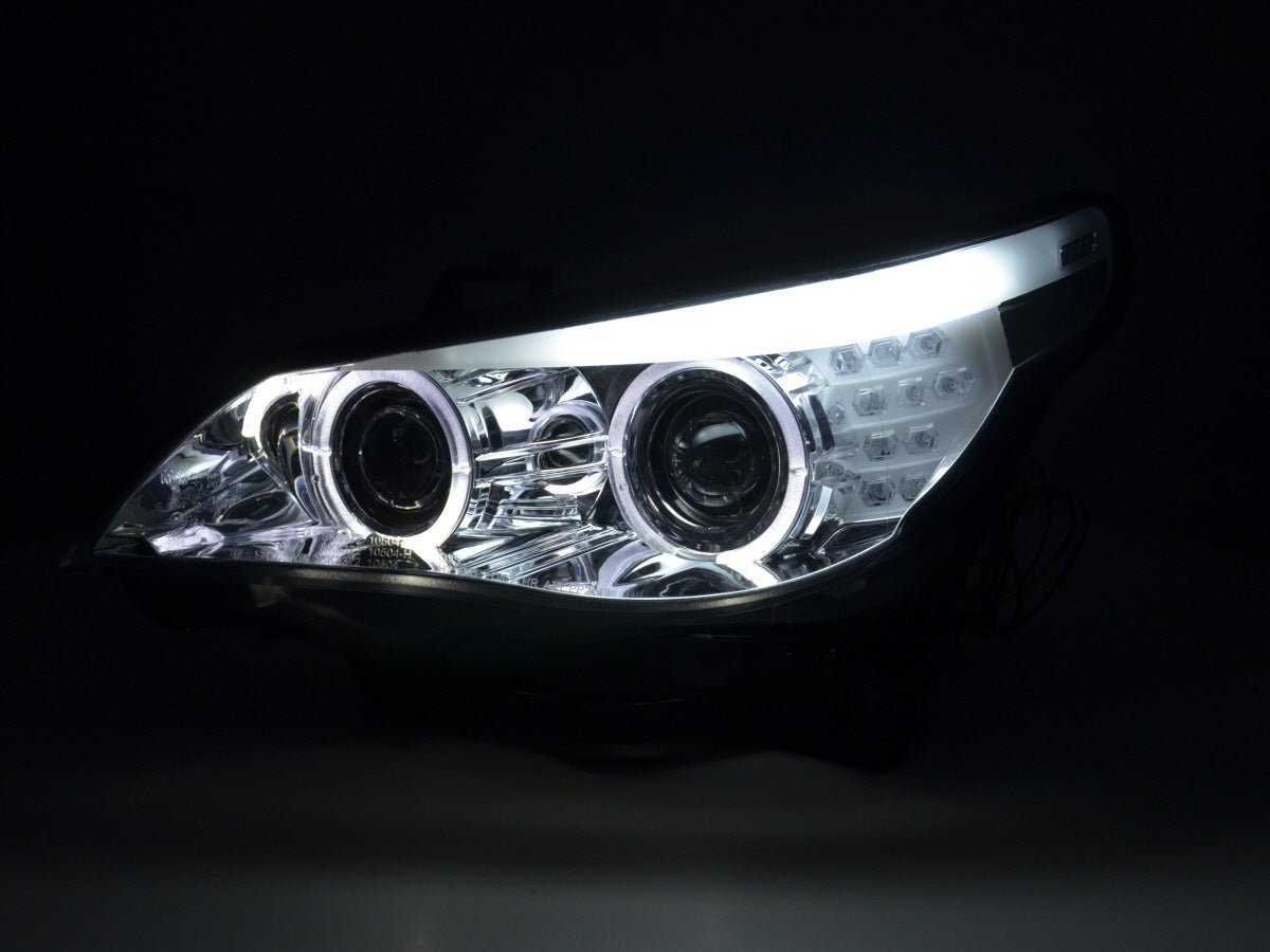 Xenon Angel Eyes LED-Scheinwerfer BMW 5er E60 / E61 03-04 Chrom für Rechtslenker