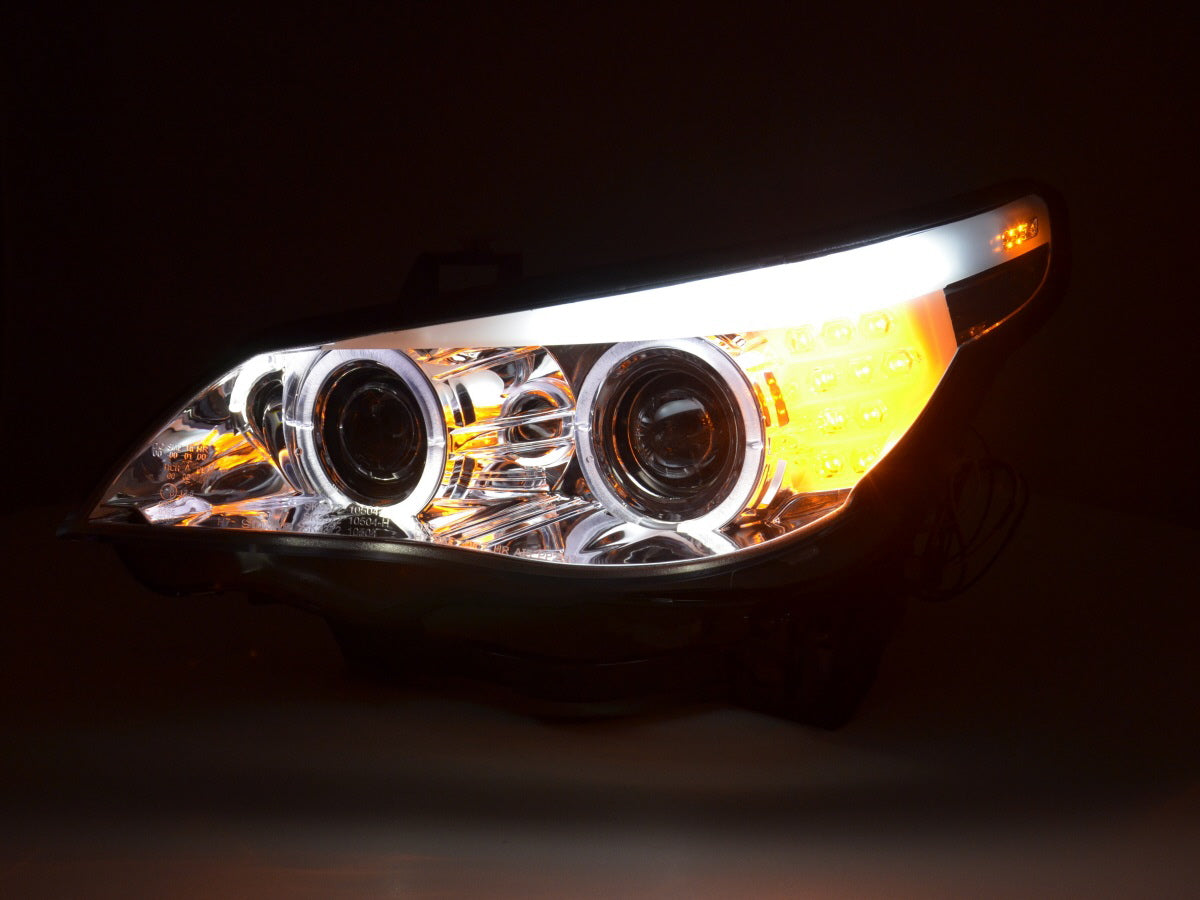 Xenon Angel Eyes LED-Scheinwerfer BMW 5er E60 / E61 03-04 Chrom für Rechtslenker