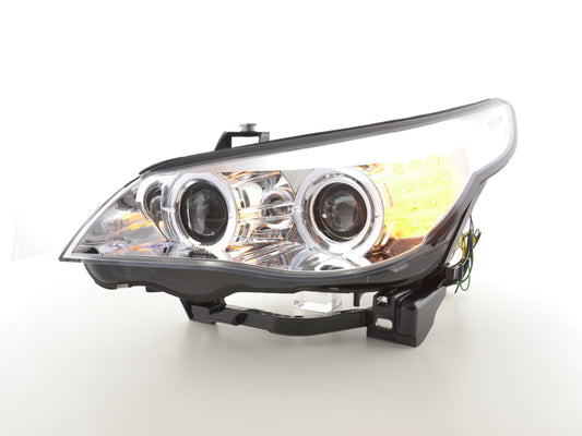 Faros delanteros xenón ojos de angel LED BMW Serie 5 E60 / E61 05-08 cromados para volante a la derecha