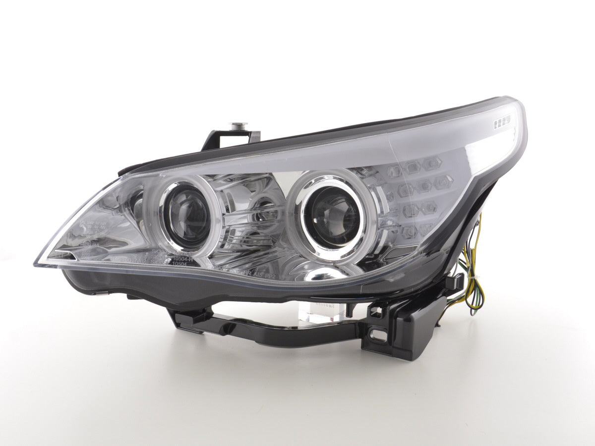 Faros delanteros xenón ojos de angel CCFL BMW Serie 5 E60 / E61 05-08 cromados para volante a la derecha